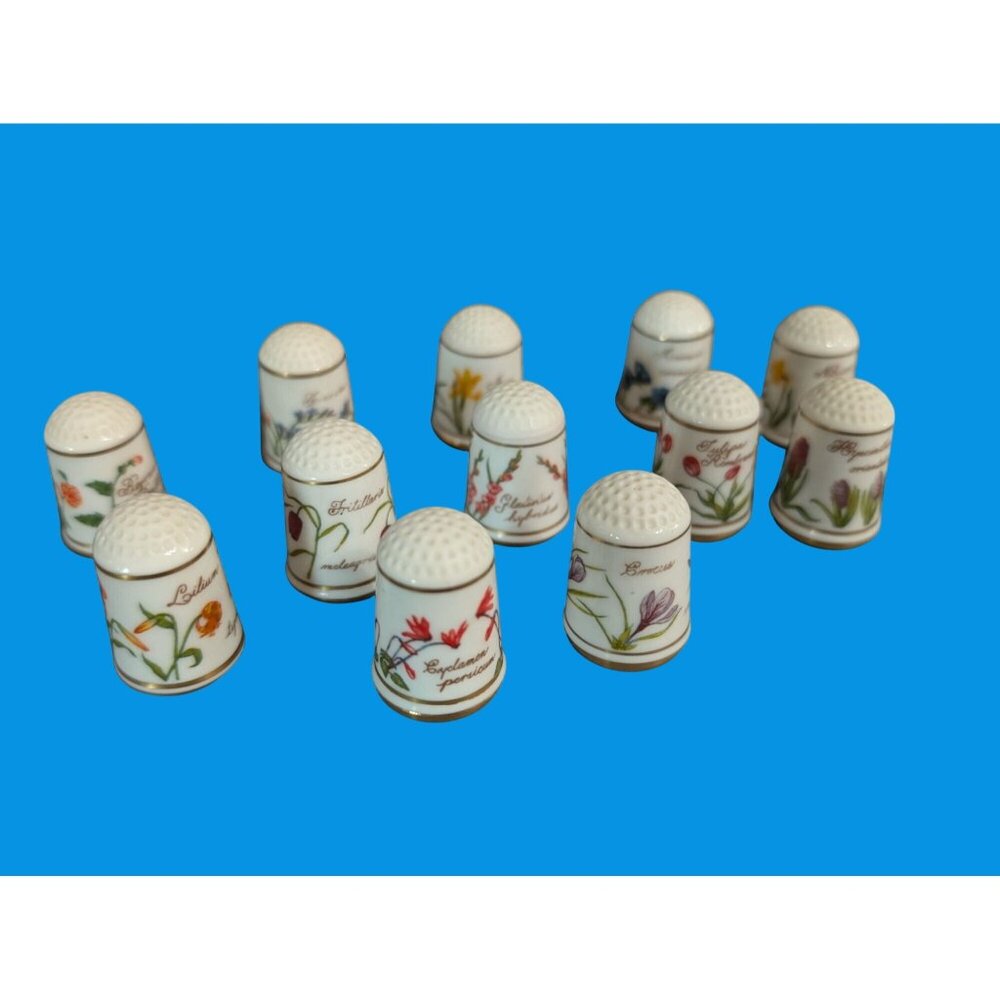 Vintage 1978 Set of 12 Flower Thimbles Franklin Porselein Bloemen Van Nederland